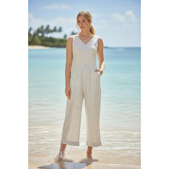 Rachel Zoe Pants - RACHEL ZOE Linen White Striped V-Neck Wide-Leg Jumpsuit - Size 4